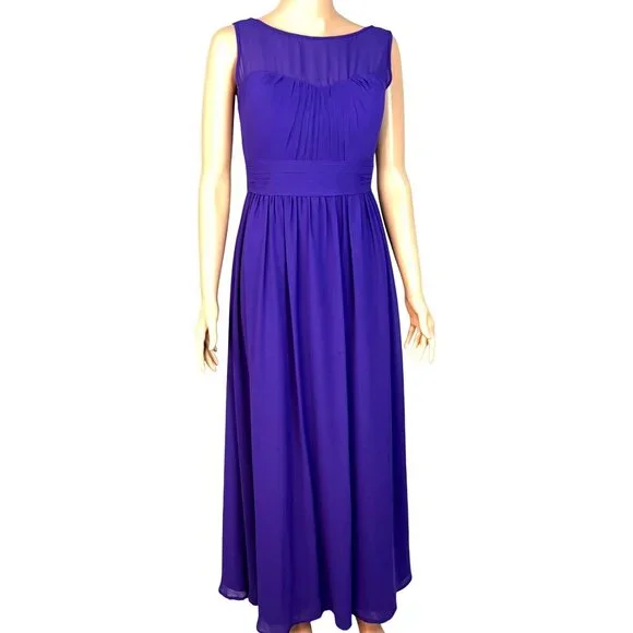 Bill Levkoff Purple Sleeveless Ruched Chiffon Gown With Sheer Neckline & V-Back - Picture 1 of 9